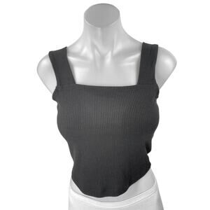 Aqua Women's Black Rib Knit Sleeveless Square Neck Cami Camisole Crop Tank Top S